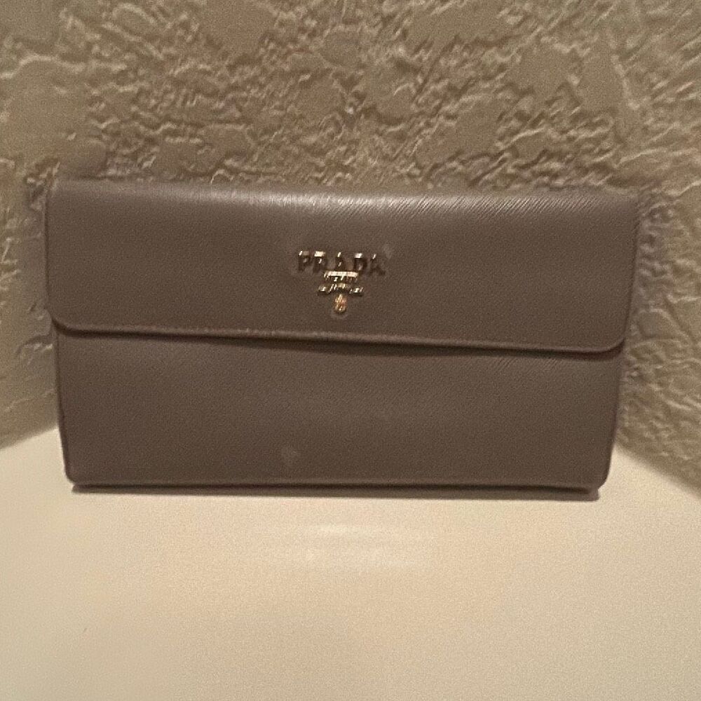 Prada Continental Long Wallet Gray Saffiano Leather Gold Hardware Folding Travel